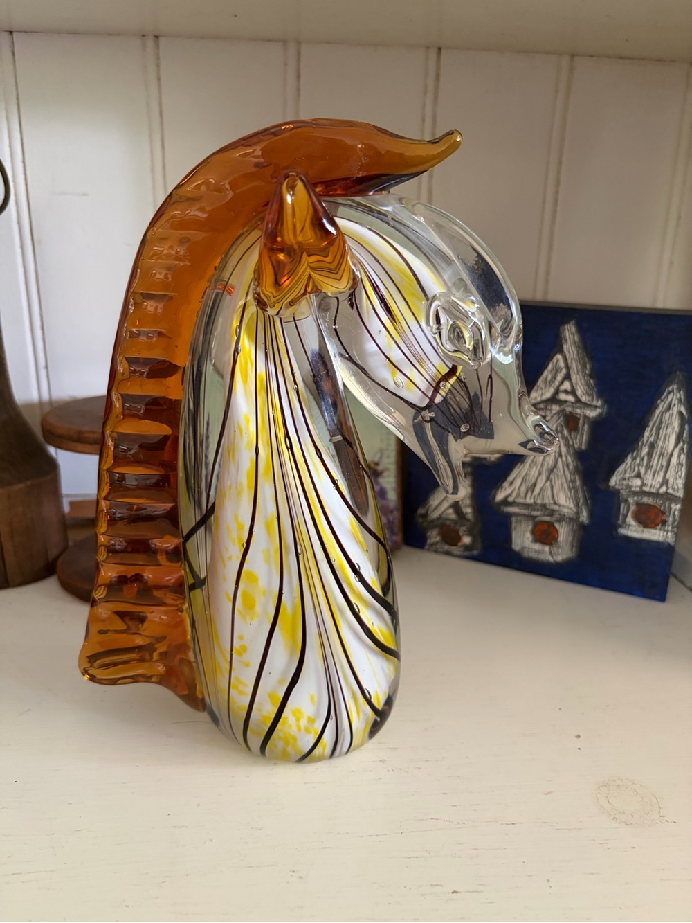 Vintage Murano Glass Horse Head Sculpture - Amber, Yellow & White